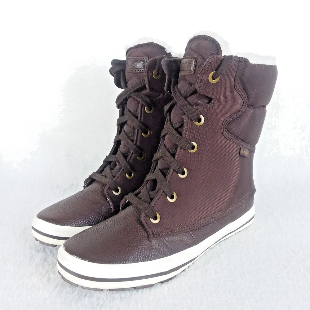 Keds Droplet Leather Canvas Dark Brown Winter Boots Fleece Lined‎ Women's 8.5